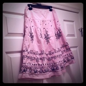 Pink and Black Embroidered A-Line Skirt